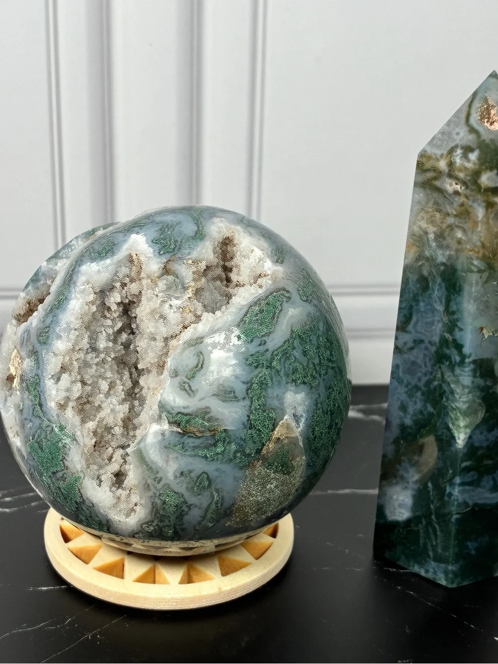 Emerald Dreamscape — Moss Agate Druzy Sphere & Tower Crystal Set